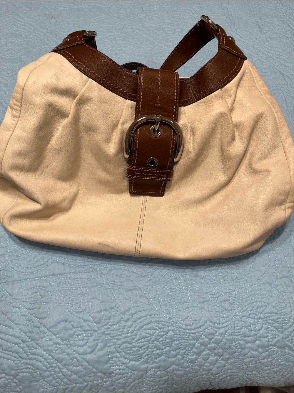 Coach Cream Leather Shoulder Bag with Brown Trim